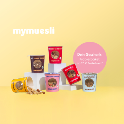 mymuesli Probierpaket mit 6 leckeren Sorten Bio-Müsli geschenkt!*